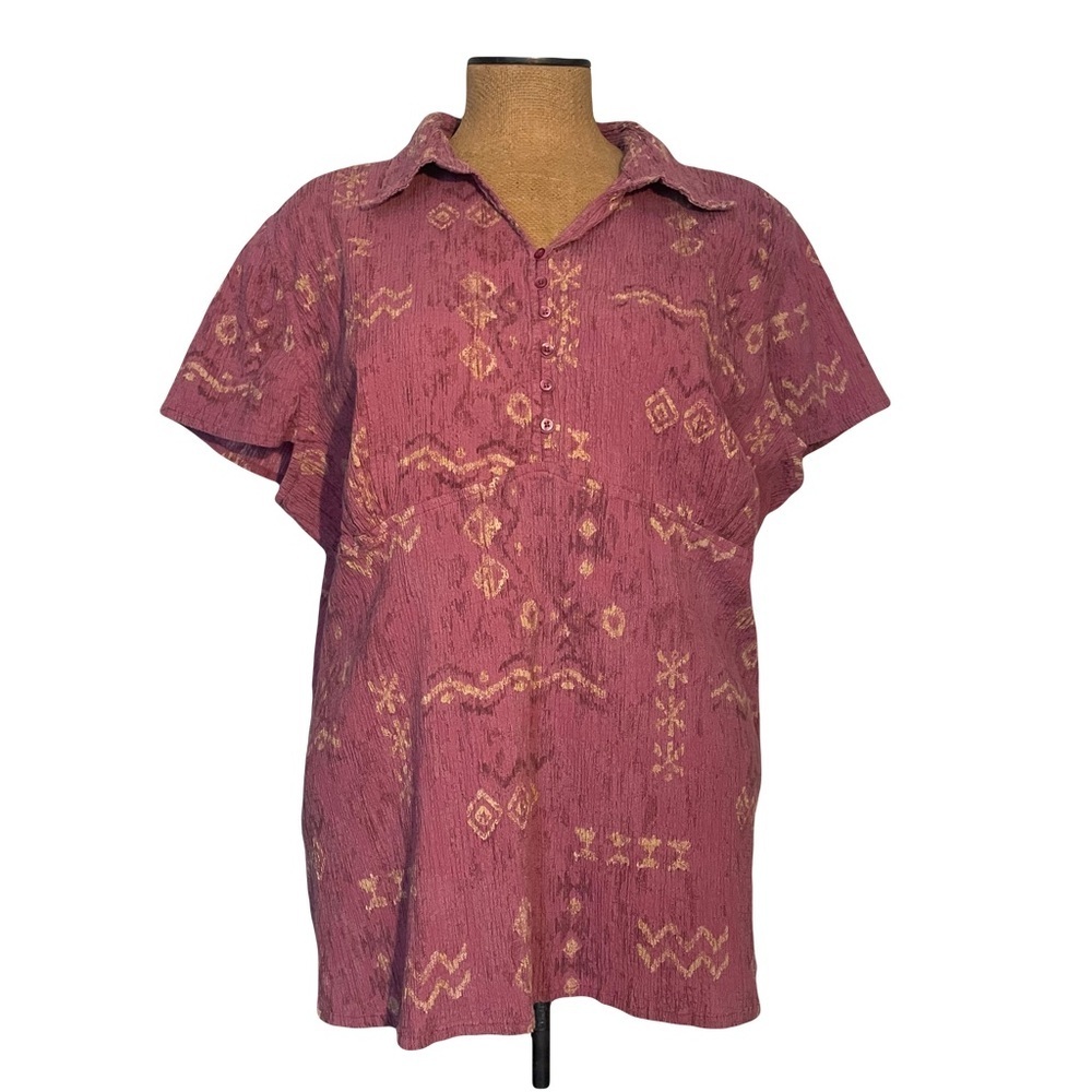 C.J. Banks “stretch” Short Sleeve Shirt purple/beige design  size 3X